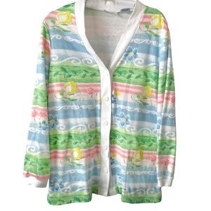 Vintage 80s Blair button up V-neck cardigan multicolor pastel floral stripe sz m